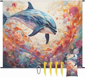 Beach Blanket, Vintage Dolphin Sandproof Beach Mat, Waterproof Quick Drying Sand Free Mat with 4 x Ground Spikes for Outdoor Travel Camping Hiking, Dolphin 68 x 59 in