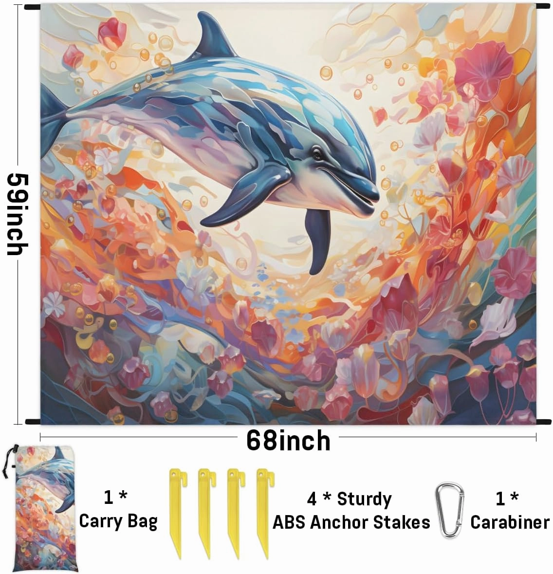 Beach Blanket, Vintage Dolphin Sandproof Beach Mat, Waterproof Quick Drying Sand Free Mat with 4 x Ground Spikes for Outdoor Travel Camping Hiking, Dolphin 68 x 59 in