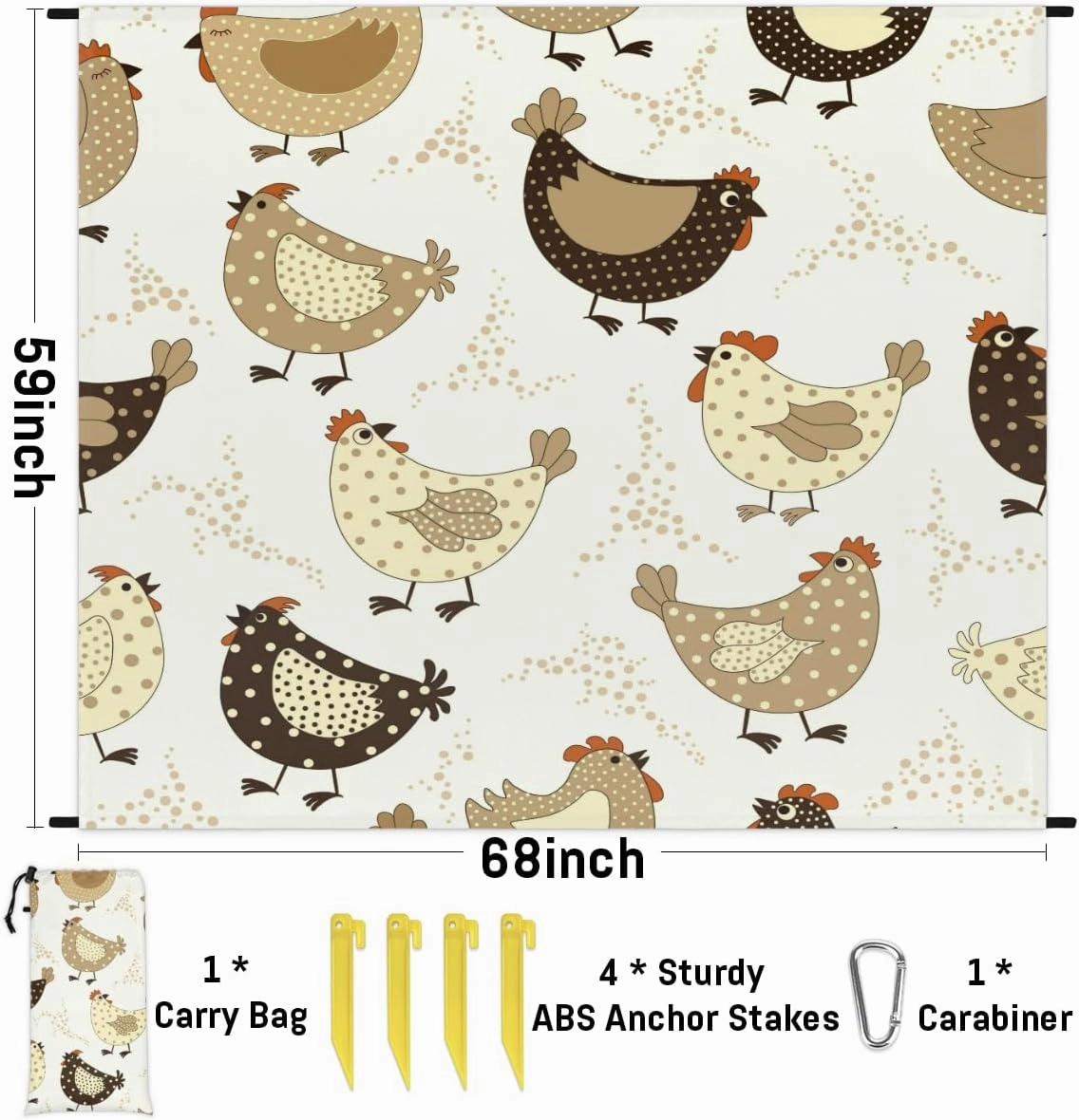 Beach Blanket, Vintage Rooster Sandproof Beach Mat, Waterproof Quick Drying Sand Free Mat with 4 x Ground Spikes for Outdoor Travel Camping Hiking, Farm Roosters 68 x 59 in
