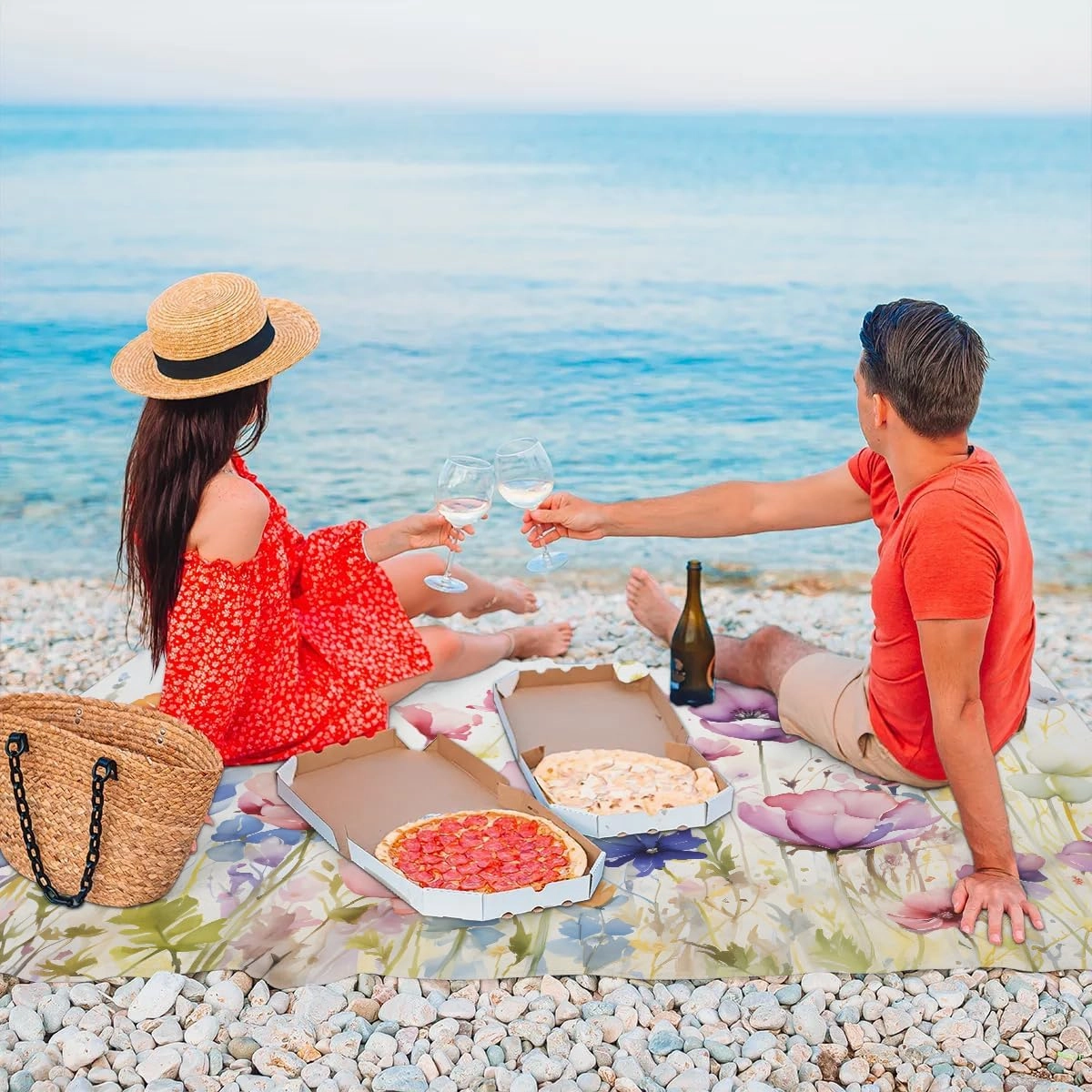 Beach Blanket, Watercolor Wild Flowers Sandproof Beach Mat, Waterproof Quick Drying Sand Free Mat with 4 x Ground Spikes for Outdoor Travel Camping Hiking, Spring 68 x 59 in