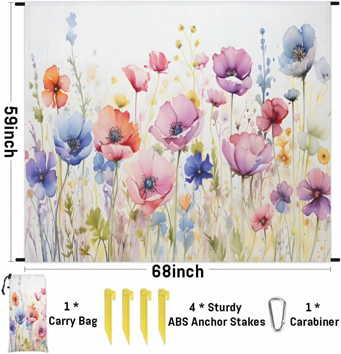 Beach Blanket, Watercolor Wild Flowers Sandproof Beach Mat, Waterproof Quick Drying Sand Free Mat with 4 x Ground Spikes for Outdoor Travel Camping Hiking, Spring 68 x 59 in