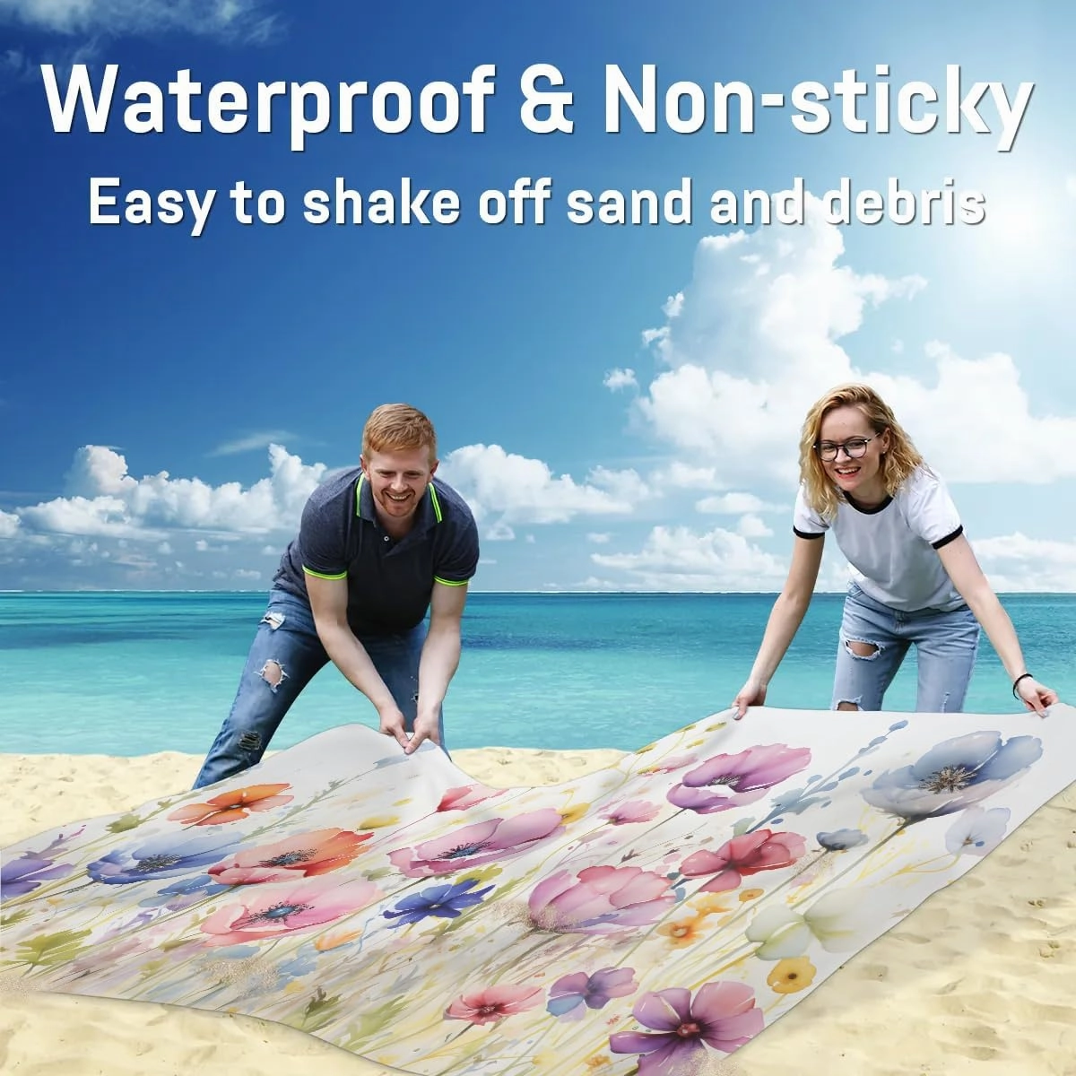 Beach Blanket, Watercolor Wild Flowers Sandproof Beach Mat, Waterproof Quick Drying Sand Free Mat with 4 x Ground Spikes for Outdoor Travel Camping Hiking, Spring 68 x 59 in