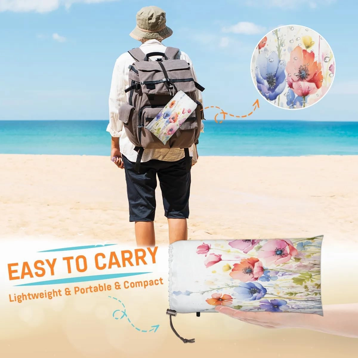 Beach Blanket, Watercolor Wild Flowers Sandproof Beach Mat, Waterproof Quick Drying Sand Free Mat with 4 x Ground Spikes for Outdoor Travel Camping Hiking, Spring 68 x 59 in