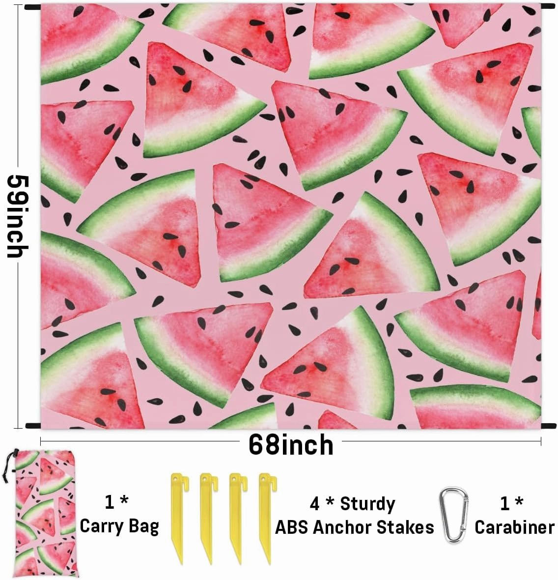 Beach Blanket, Watermelon Sandproof Beach Mat, Waterproof Quick Drying Sand Free Mat with 4 x Ground Spikes for Outdoor Travel Camping Hiking, Watermelon Pattern 68 x 59 in