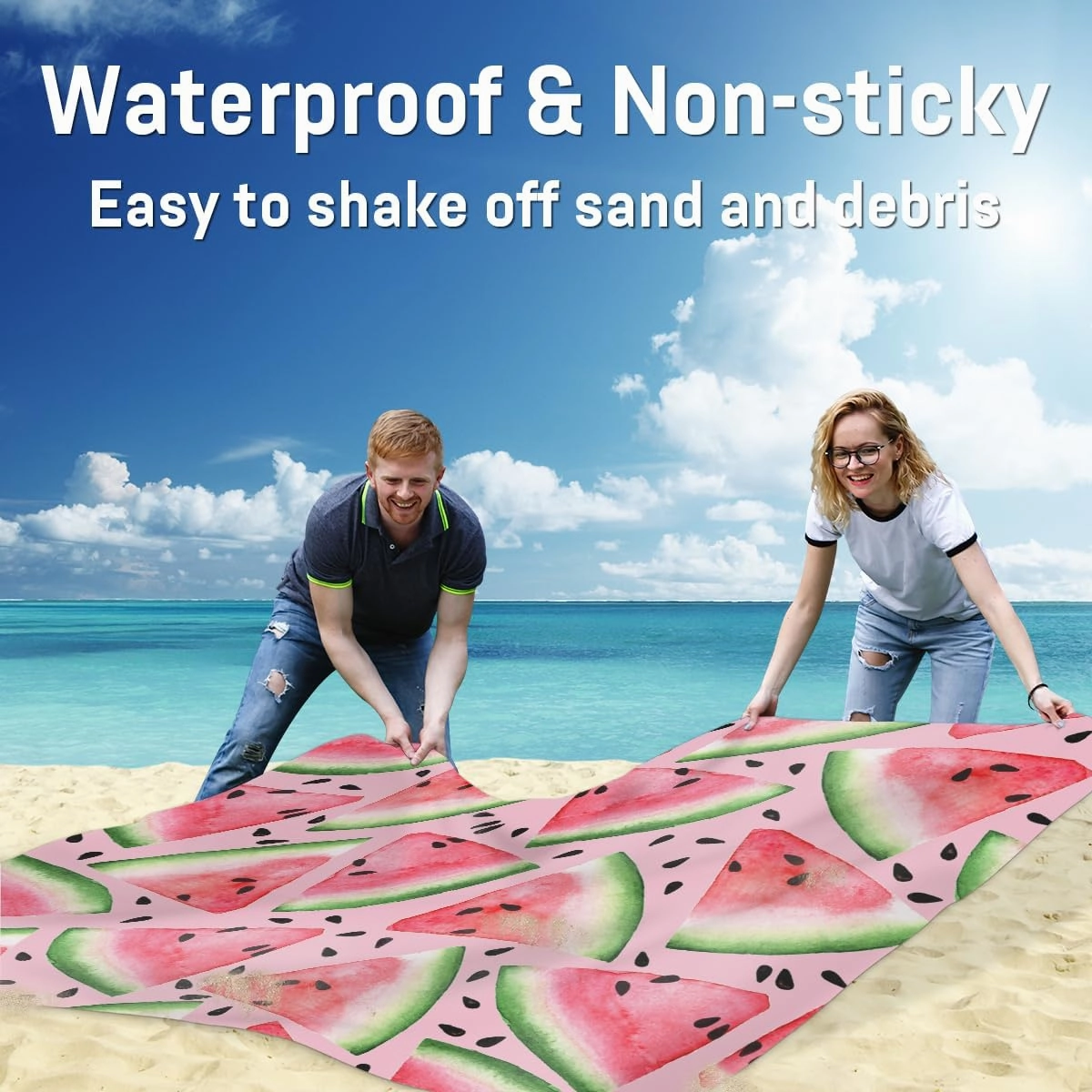 Beach Blanket, Watermelon Sandproof Beach Mat, Waterproof Quick Drying Sand Free Mat with 4 x Ground Spikes for Outdoor Travel Camping Hiking, Watermelon Pattern 68 x 59 in