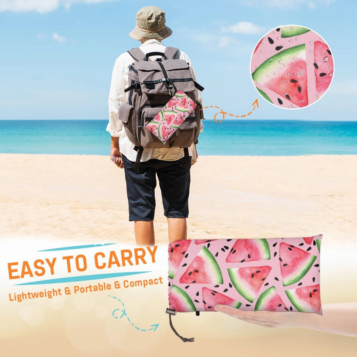 Beach Blanket, Watermelon Sandproof Beach Mat, Waterproof Quick Drying Sand Free Mat with 4 x Ground Spikes for Outdoor Travel Camping Hiking, Watermelon Pattern 68 x 59 in