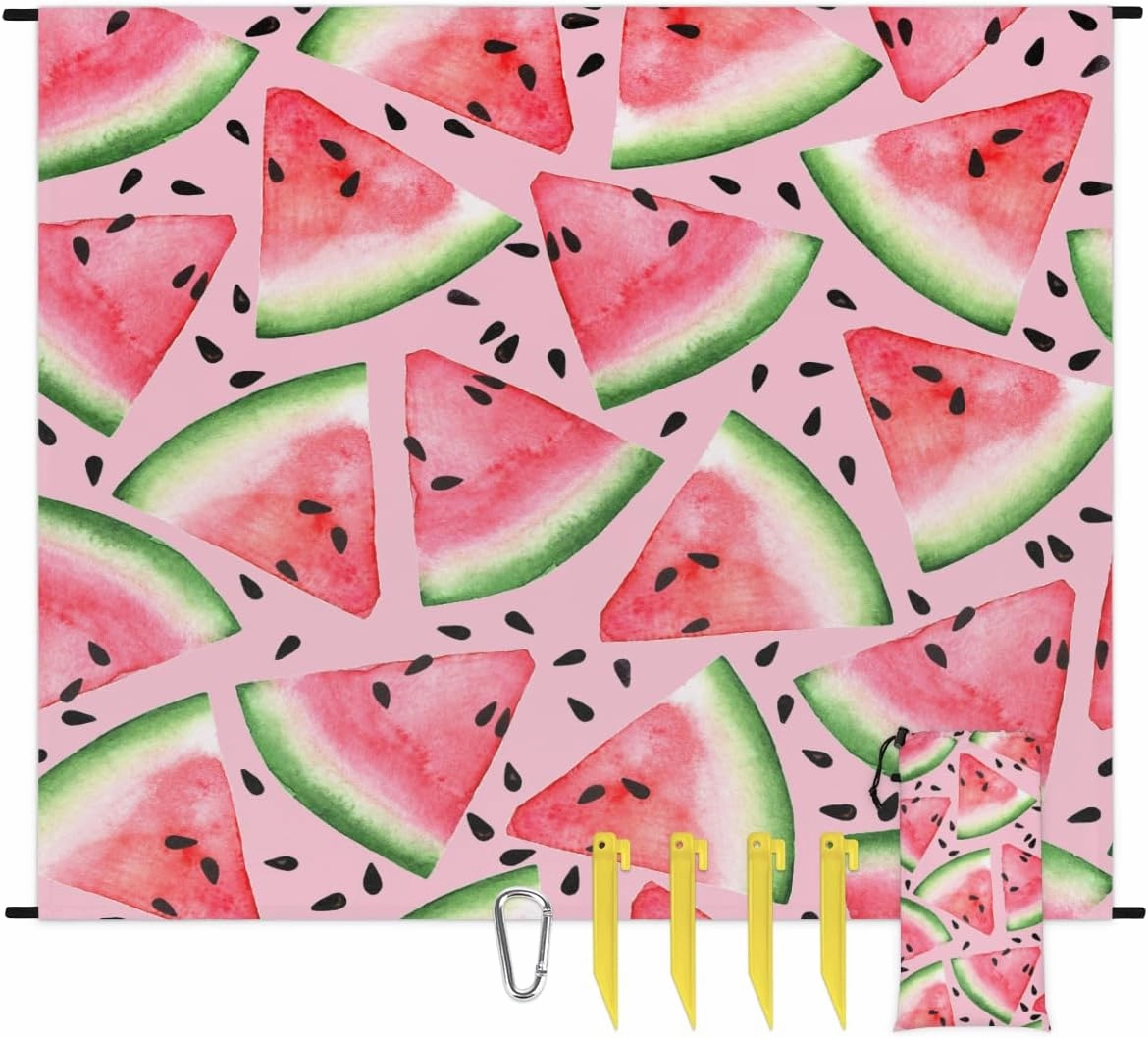 Beach Blanket, Watermelon Sandproof Beach Mat, Waterproof Quick Drying Sand Free Mat with 4 x Ground Spikes for Outdoor Travel Camping Hiking, Watermelon Pattern 68 x 59 in