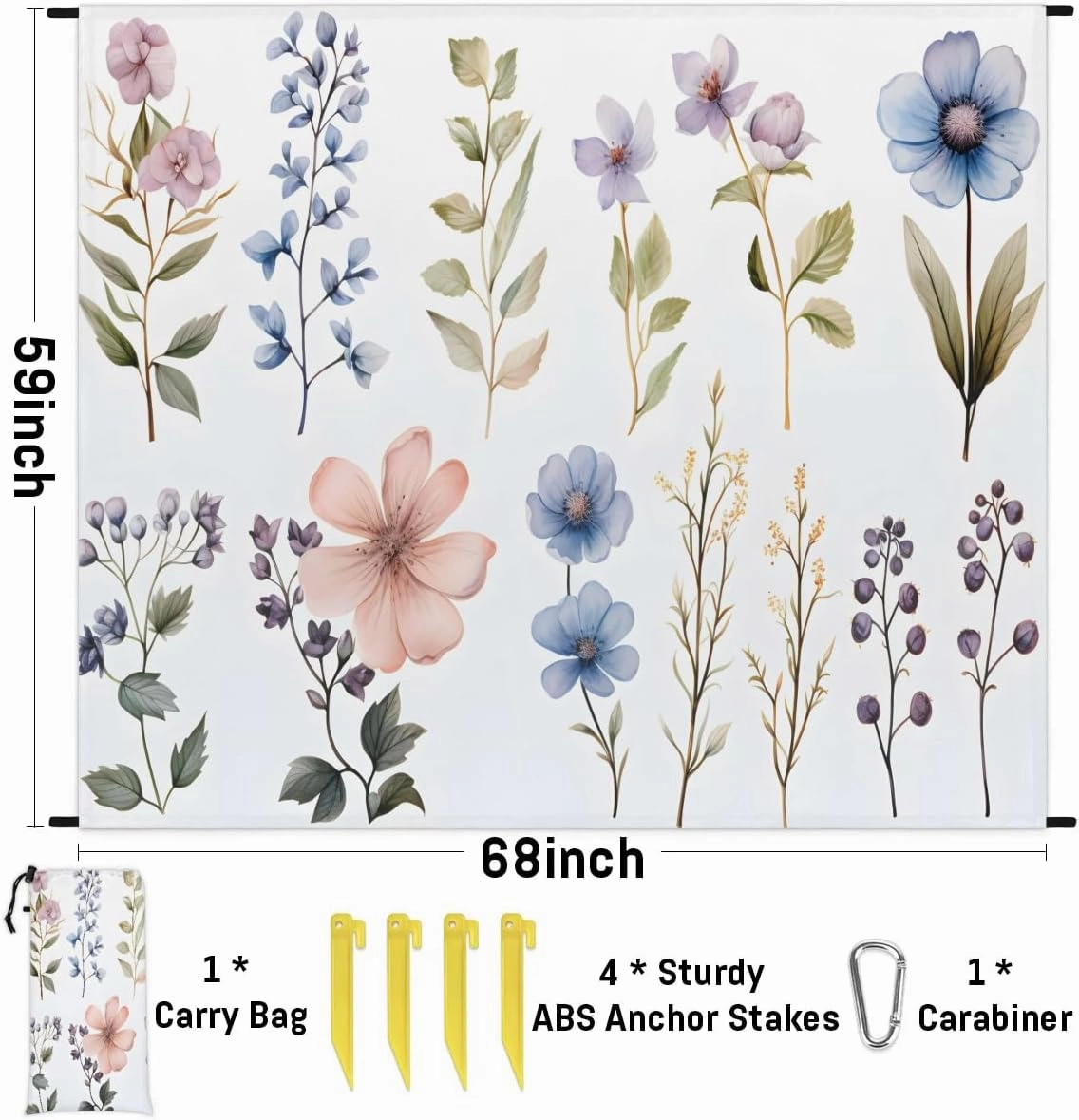 Beach Blanket, Wild Flowers Sandproof Beach Mat, Waterproof Quick Drying Sand Free Mat with 4 x Ground Spikes for Outdoor Travel Camping Hiking, Seasonal Summer Colorful Flowers 68 x 59 in
