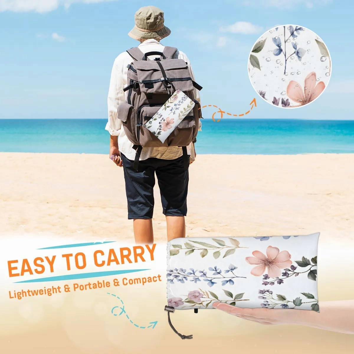 Beach Blanket, Wild Flowers Sandproof Beach Mat, Waterproof Quick Drying Sand Free Mat with 4 x Ground Spikes for Outdoor Travel Camping Hiking, Seasonal Summer Colorful Flowers 68 x 59 in