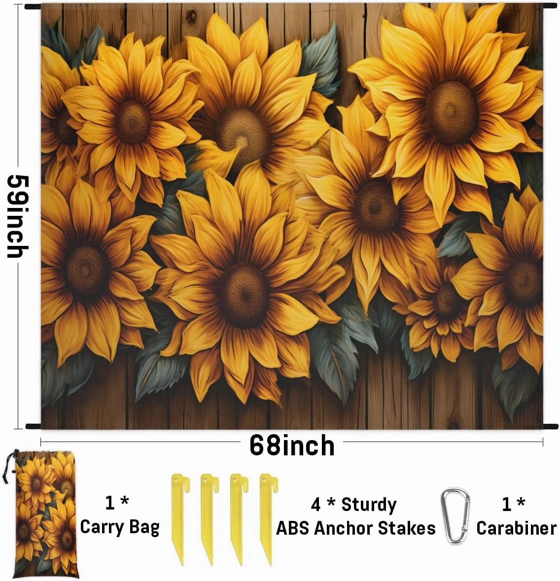 Beach Blanket, Wood Sunflower Sandproof Beach Mat, Waterproof Quick Drying Sand Free Mat with 4 x Ground Spikes for Outdoor Travel Camping Hiking, Rustic Farm Sunflower 68 x 59 in