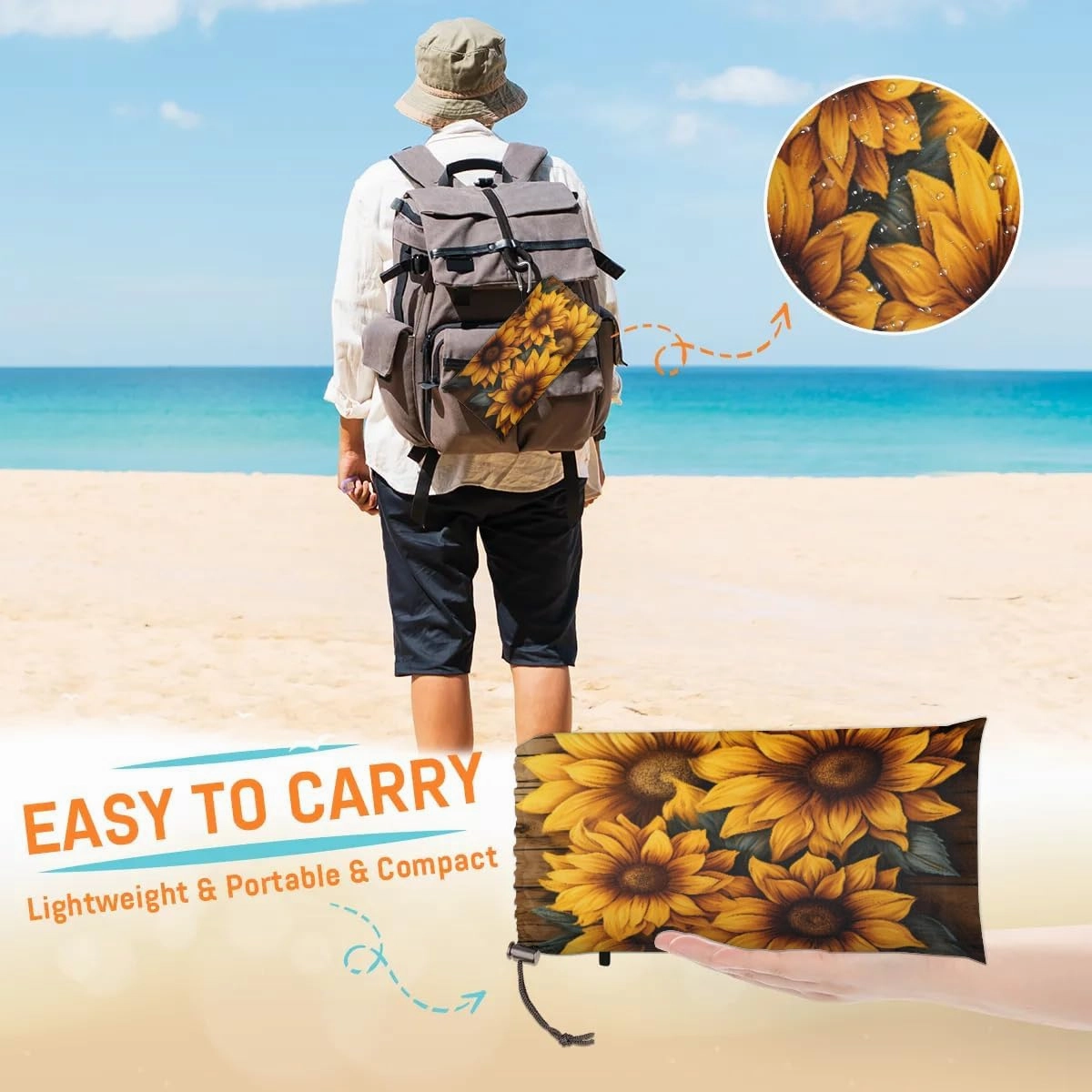 Beach Blanket, Wood Sunflower Sandproof Beach Mat, Waterproof Quick Drying Sand Free Mat with 4 x Ground Spikes for Outdoor Travel Camping Hiking, Rustic Farm Sunflower 68 x 59 in