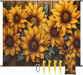 Beach Blanket, Wood Sunflower Sandproof Beach Mat, Waterproof Quick Drying Sand Free Mat with 4 x Ground Spikes for Outdoor Travel Camping Hiking, Rustic Farm Sunflower 68 x 59 in
