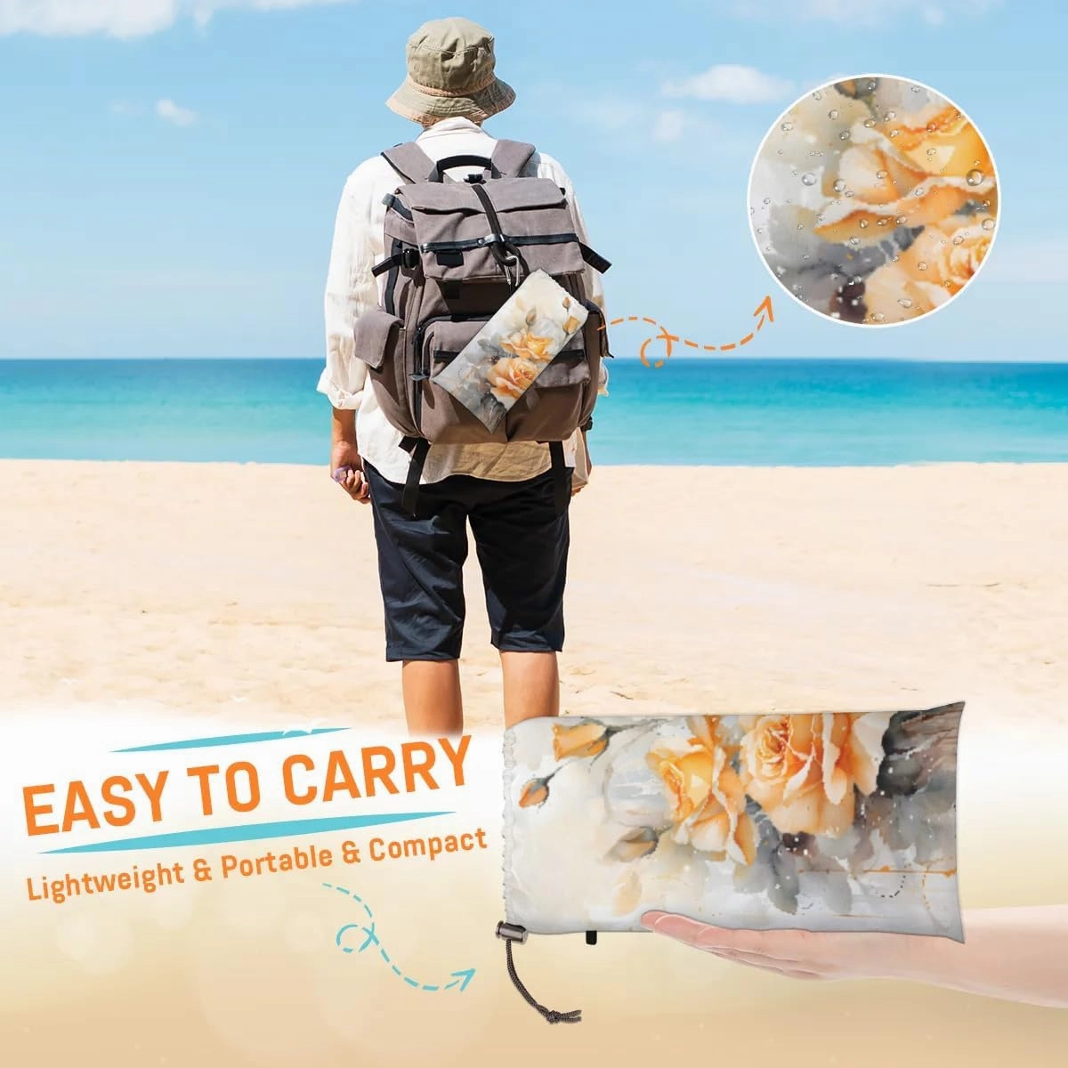 Beach Blanket, Yellow Roses Sandproof Beach Mat, Waterproof Quick Drying Sand Free Mat with 4 x Ground Spikes for Outdoor Travel Camping Hiking, Red Floral 68 x 59 in