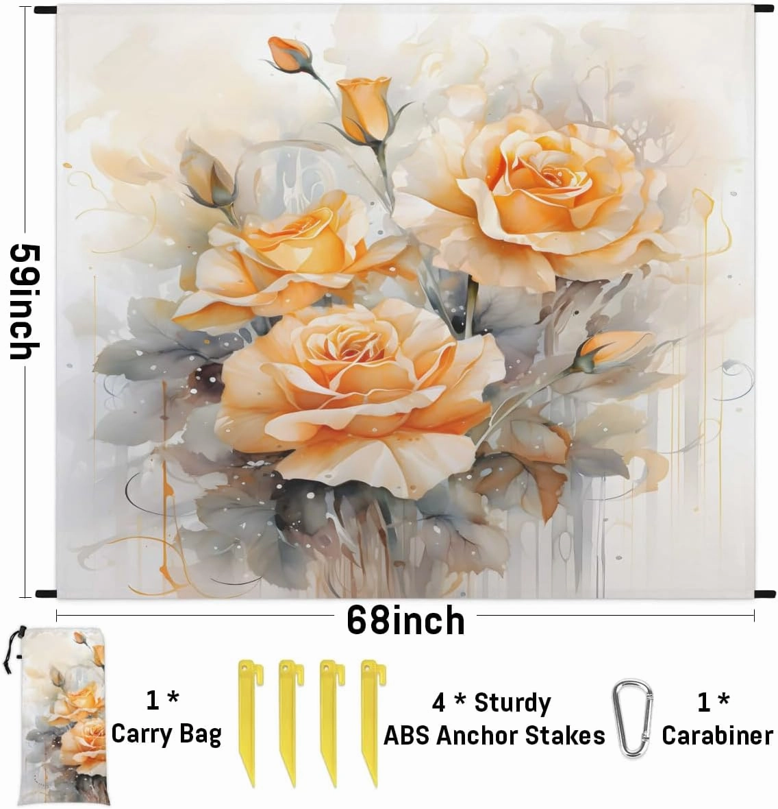 Beach Blanket, Yellow Roses Sandproof Beach Mat, Waterproof Quick Drying Sand Free Mat with 4 x Ground Spikes for Outdoor Travel Camping Hiking, Red Floral 68 x 59 in