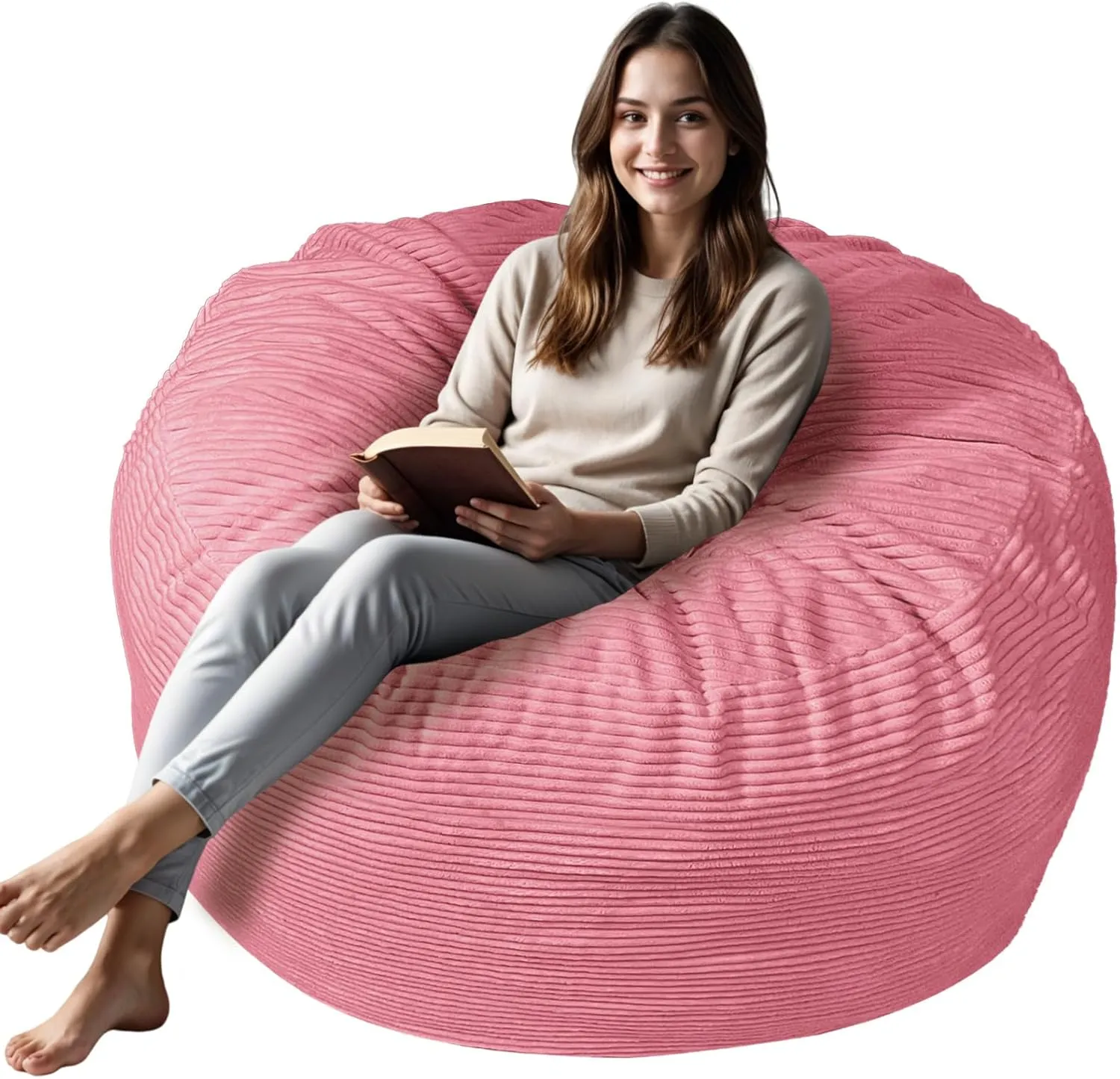 Bean Bag Chairs for Adults, 4FT Bean Bag Chairs with Plush Microfiber Removable Cover, Giant Chairs with Memory Foam Big Sofa for Reading, Gaming Cozy Chair, Pink