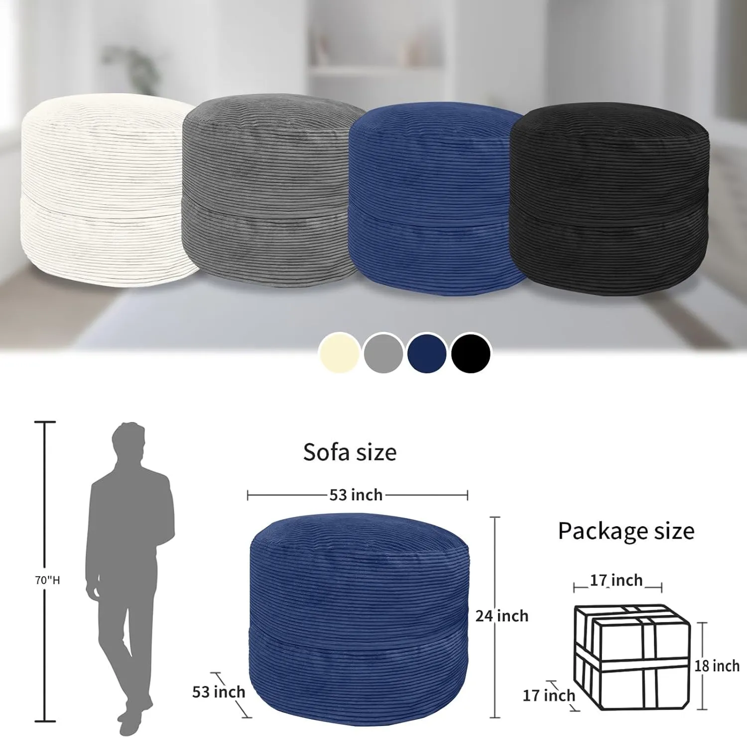 Bean Bag Chairs for Adults, 5FT Bean Bag Chairs with Plush Microfiber Removable Cover, Giant Chairs with Memory Foam Big Sofa for Reading, Gaming Cozy Chair, Blue