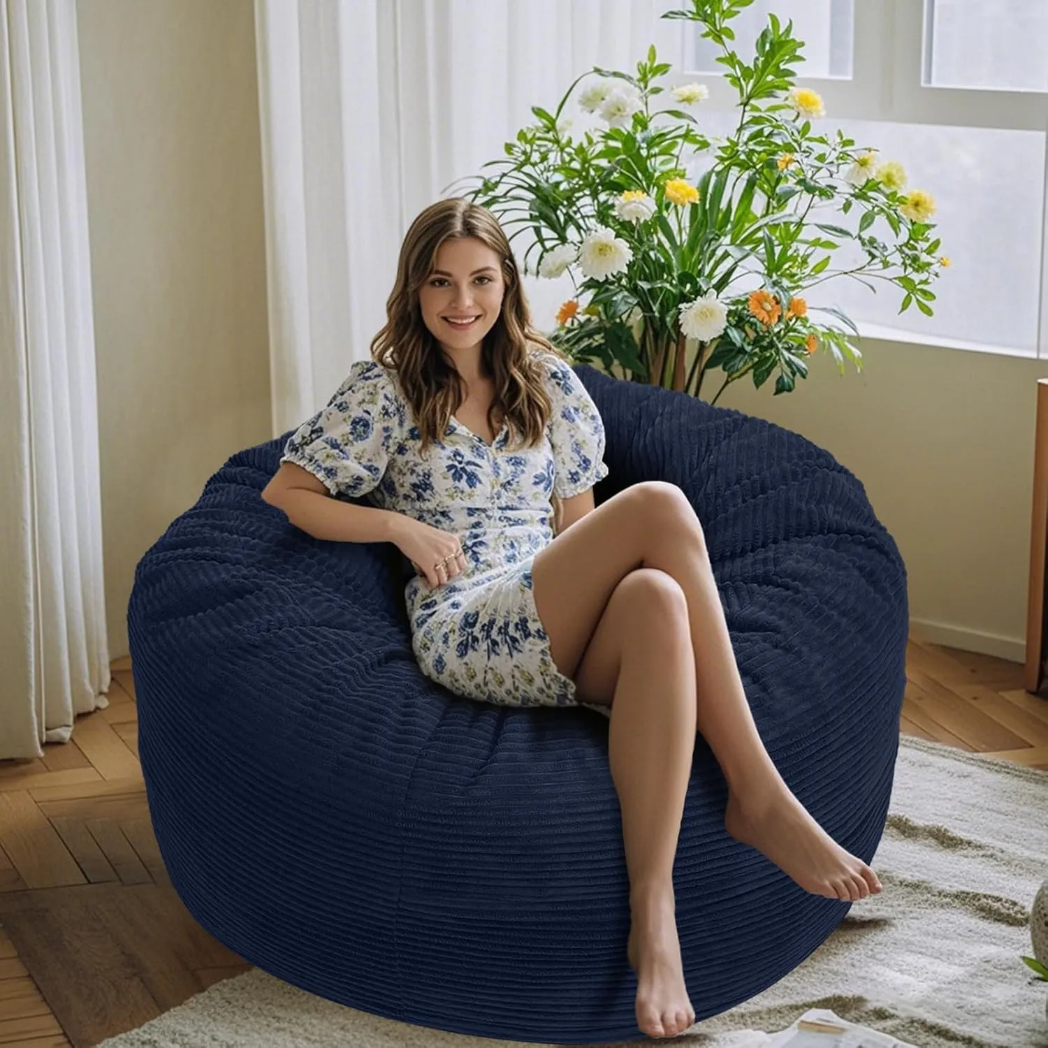 Bean Bag Chairs for Adults, 5FT Bean Bag Chairs with Plush Microfiber Removable Cover, Giant Chairs with Memory Foam Big Sofa for Reading, Gaming Cozy Chair, Blue