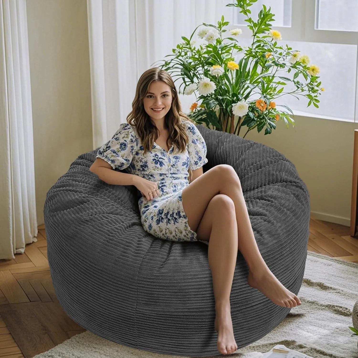 Bean Bag Chairs for Adults, 5FT Bean Bag Chairs with Plush Microfiber Removable Cover, Giant Chairs with Memory Foam Big Sofa for Reading, Gaming Cozy Chair, Gery