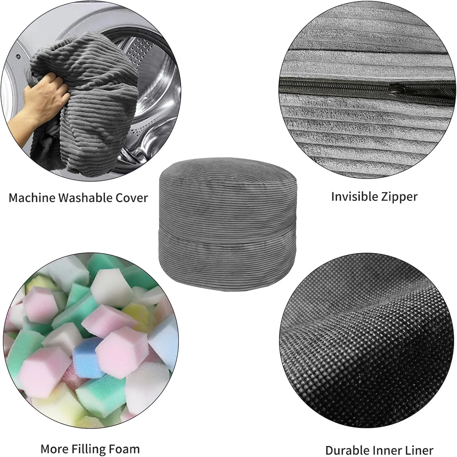 Bean Bag Chairs for Adults, 5FT Bean Bag Chairs with Plush Microfiber Removable Cover, Giant Chairs with Memory Foam Big Sofa for Reading, Gaming Cozy Chair, Gery