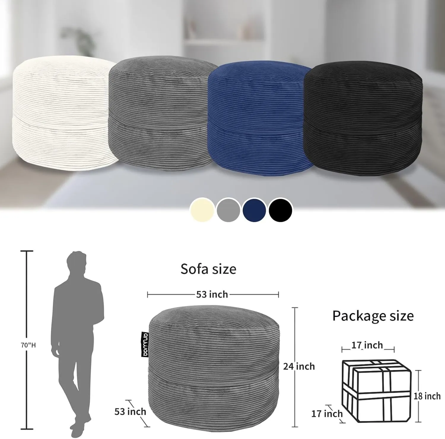 Bean Bag Chairs for Adults, 5FT Bean Bag Chairs with Plush Microfiber Removable Cover, Giant Chairs with Memory Foam Big Sofa for Reading, Gaming Cozy Chair, Gery