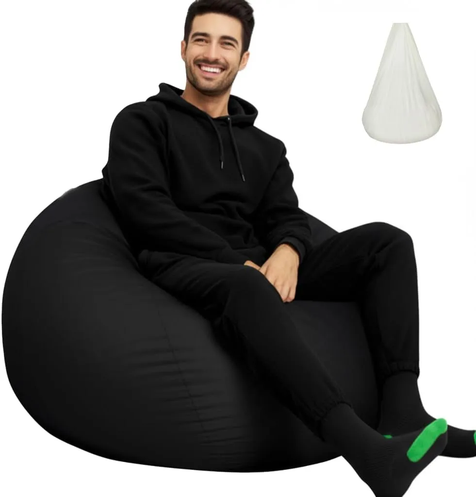 Bean Bag Cover with Liner Only Washable 3ft (No Filler) Velvety Luxurious Microfiber Suede Bean Bag Chair Cover for Adults Indoor (Black-Cover&Liner Only, Large)