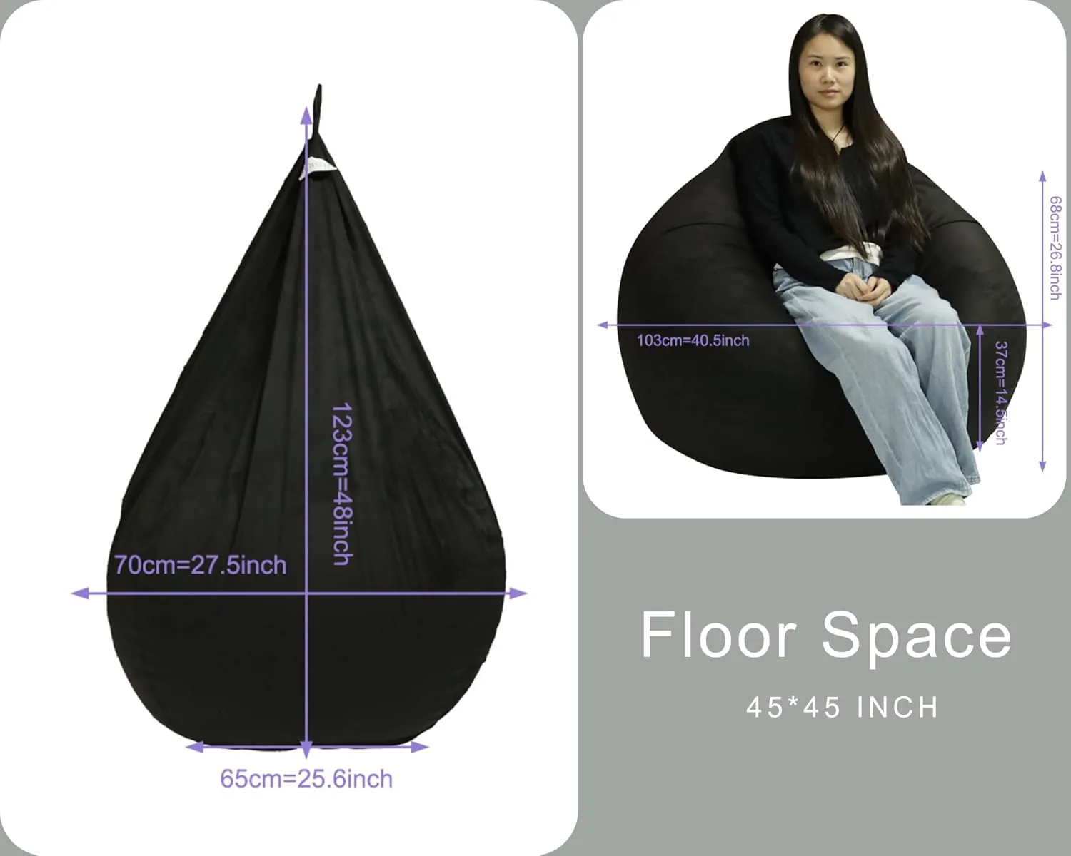 Bean Bag Cover with Liner Only Washable 3ft (No Filler) Velvety Luxurious Microfiber Suede Bean Bag Chair Cover for Adults Indoor (Black-Cover&Liner Only, Large)
