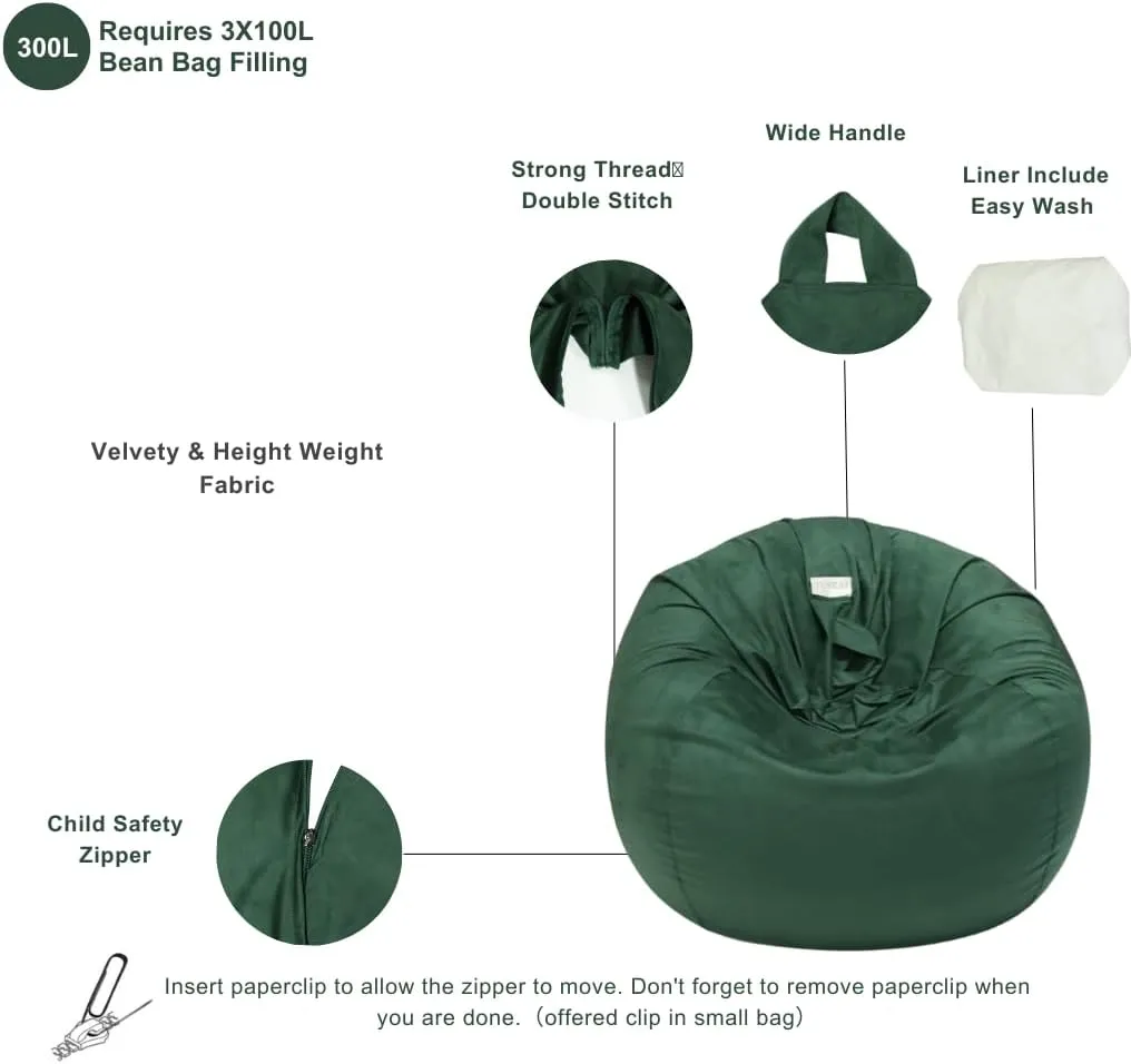 Bean Bag Cover with Liner Only Washable 3ft (No Filler) Velvety Luxurious Microfiber Suede Bean Bag Chair Cover for Adults Indoor (Black-Cover&Liner Only, Large)