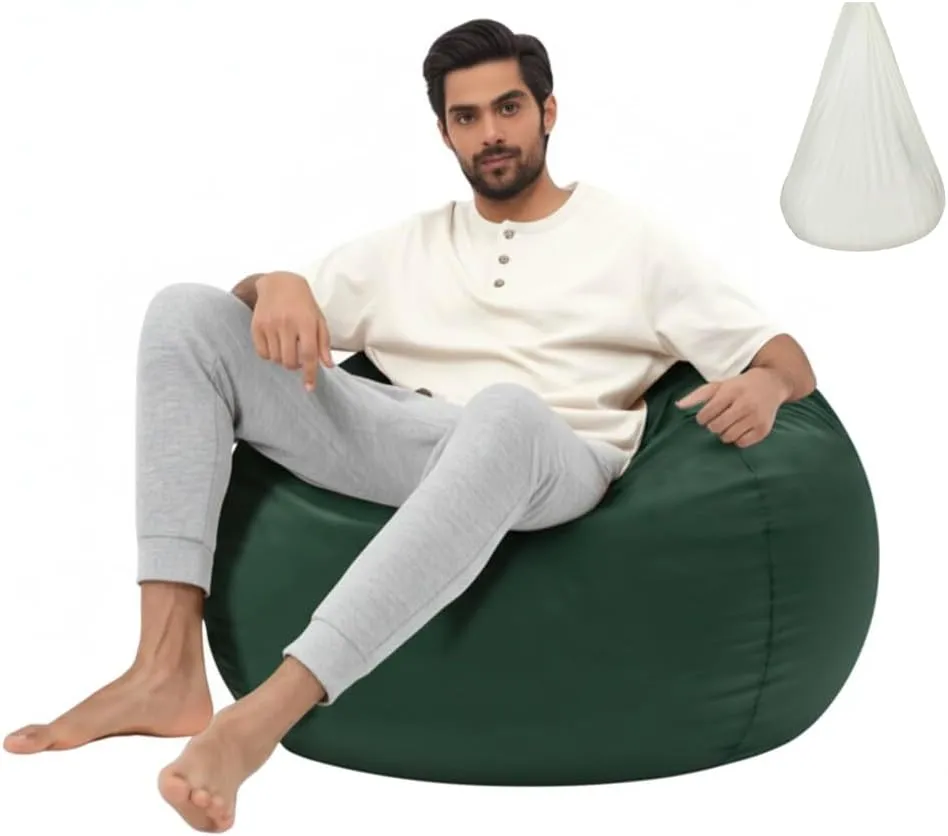 Beanbag Cover with Liner Only Washable 3ft (No Filler) Luxurious Microfiber Suede Beanbag Chair Cover for Adults Indoor Pear Style Large - Dark Green