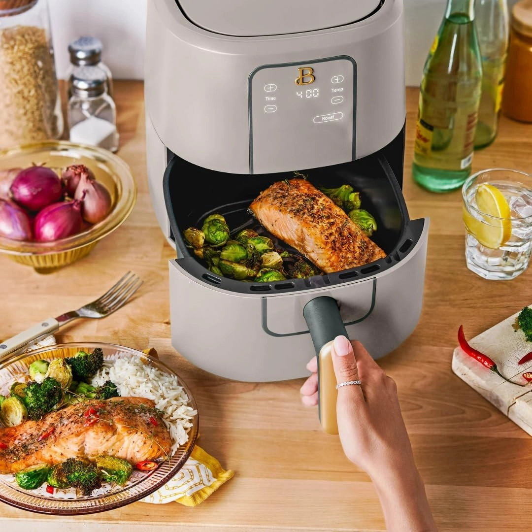 Beautiful 3-Quart Digital Air Fryer with TurboCrisp Technology by Drew Barrymore – 4 Preset Functions, 1200W Power, Non-Stick Coating, Dishwasher Safe Basket (Porcini Taupe)