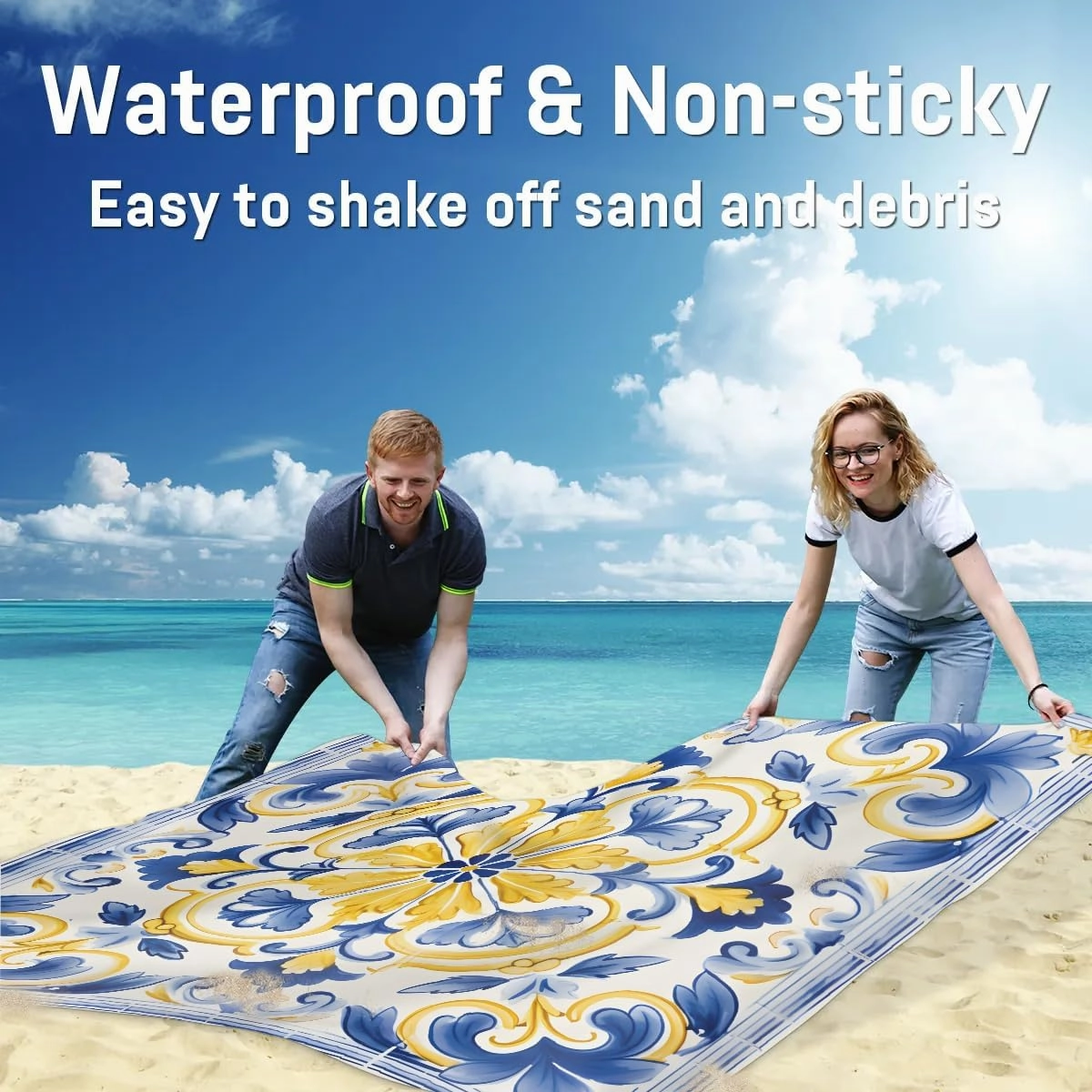 Beautiful Boho Beach Blanket, Sandproof Beach Mat, 68 x 59 Waterproof Quick Drying Sand Free Mat with 4 x Ground Spikes for Outdoor Travel Camping Hiking, Bohemian Flower