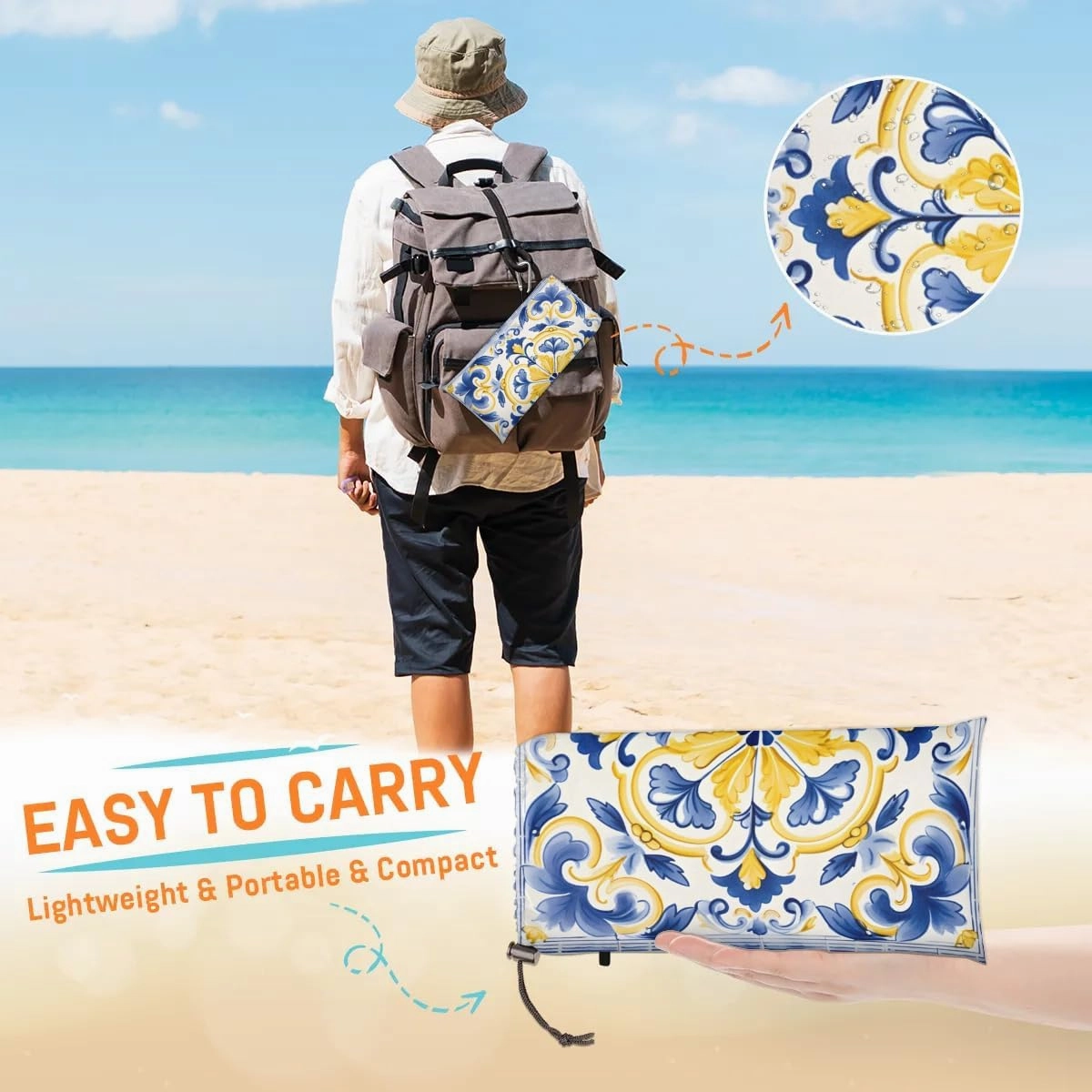 Beautiful Boho Beach Blanket, Sandproof Beach Mat, 68 x 59 Waterproof Quick Drying Sand Free Mat with 4 x Ground Spikes for Outdoor Travel Camping Hiking, Bohemian Flower