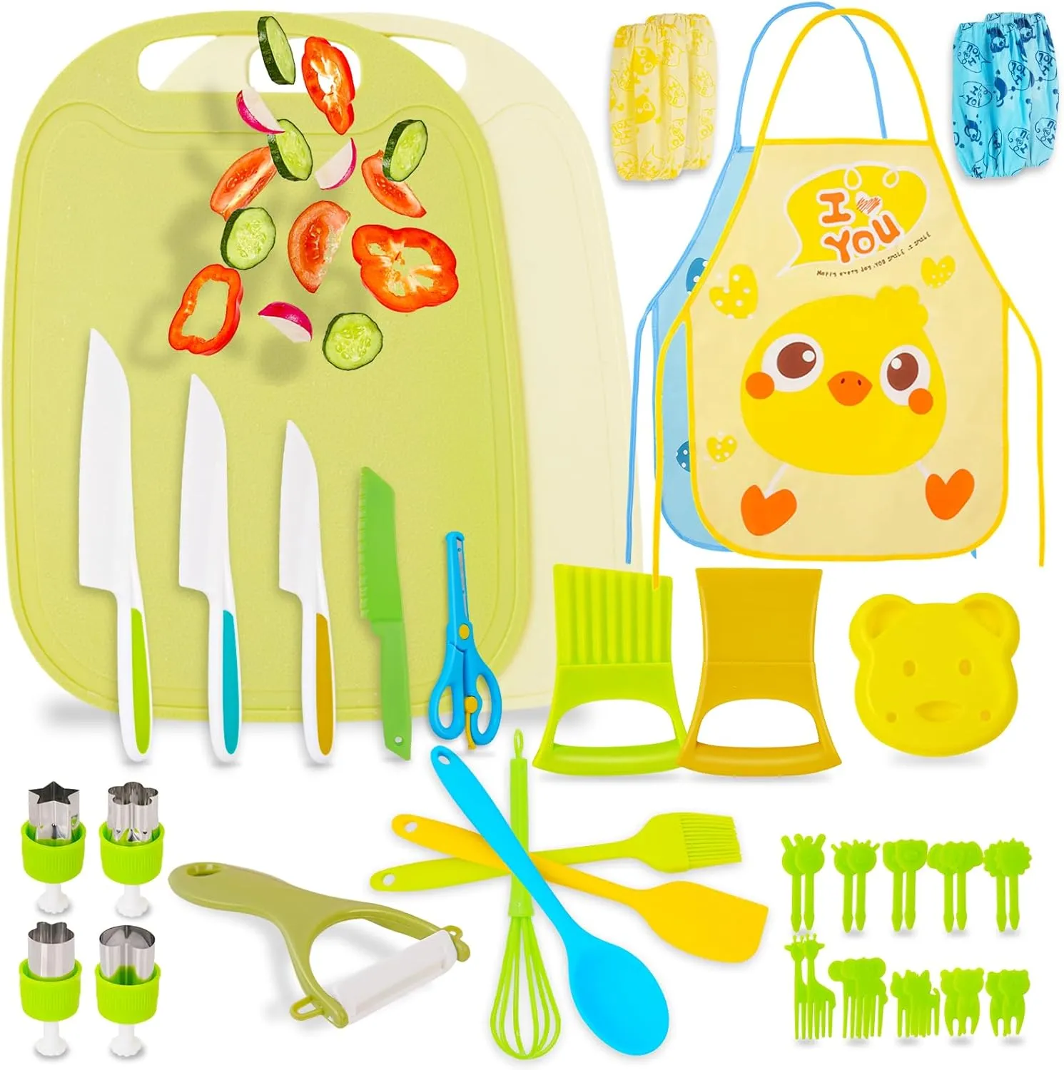 BEBOAN 43 Pcs Kids Knife Set for Real Cooking, Montessori Utensils Kitchen Tools Gift for Boys Girls Age 3-4 5-7 6-8 9-12, Plastic Cooking Set Kitchen Toys for Kids with Crinkle Cutter, Cutting Board