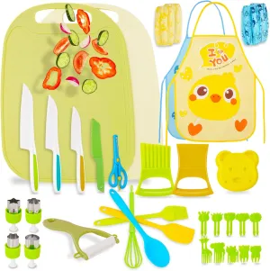 BEBOAN 43 Pcs Kids Knife Set for Real Cooking, Montessori Utensils Kitchen Tools Gift for Boys Girls Age 3-4 5-7 6-8 9-12, Plastic Cooking Set Kitchen Toys for Kids with Crinkle Cutter, Cutting Board
