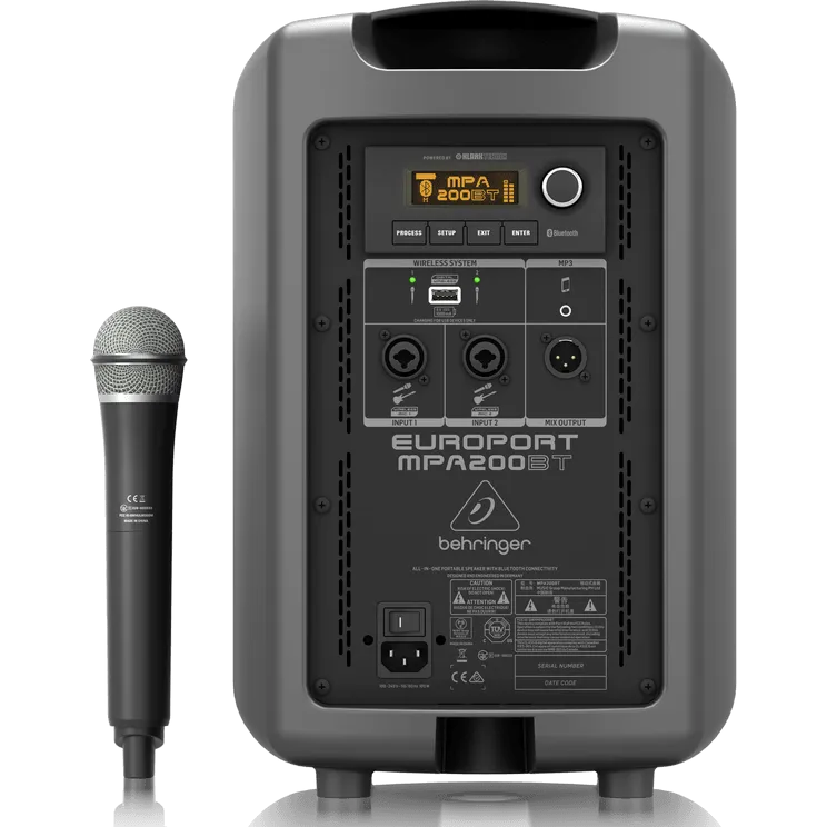 Behringer EUROPORT MPA200BT All-in-one Portable 200W PA System w/ Wireless Microphone, Bluetooth Connectivity and Battery Operation