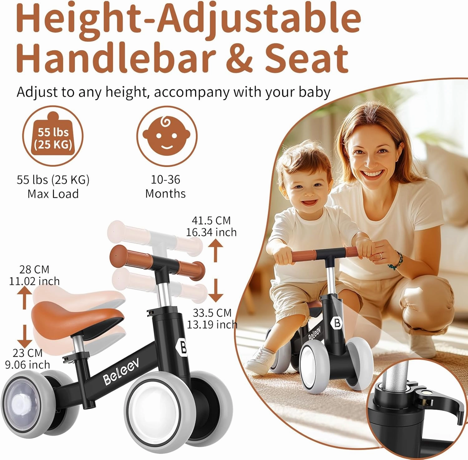 BELEEV Colorful Lighting Baby Balance Bike for 1-3 Year Old Boys Girls, Toddler Bike with Light-Up Wheels, Adjustable Seat & Handlebar, 135° Safe Limited Steer, First Gift for 10-36 Month(Black)