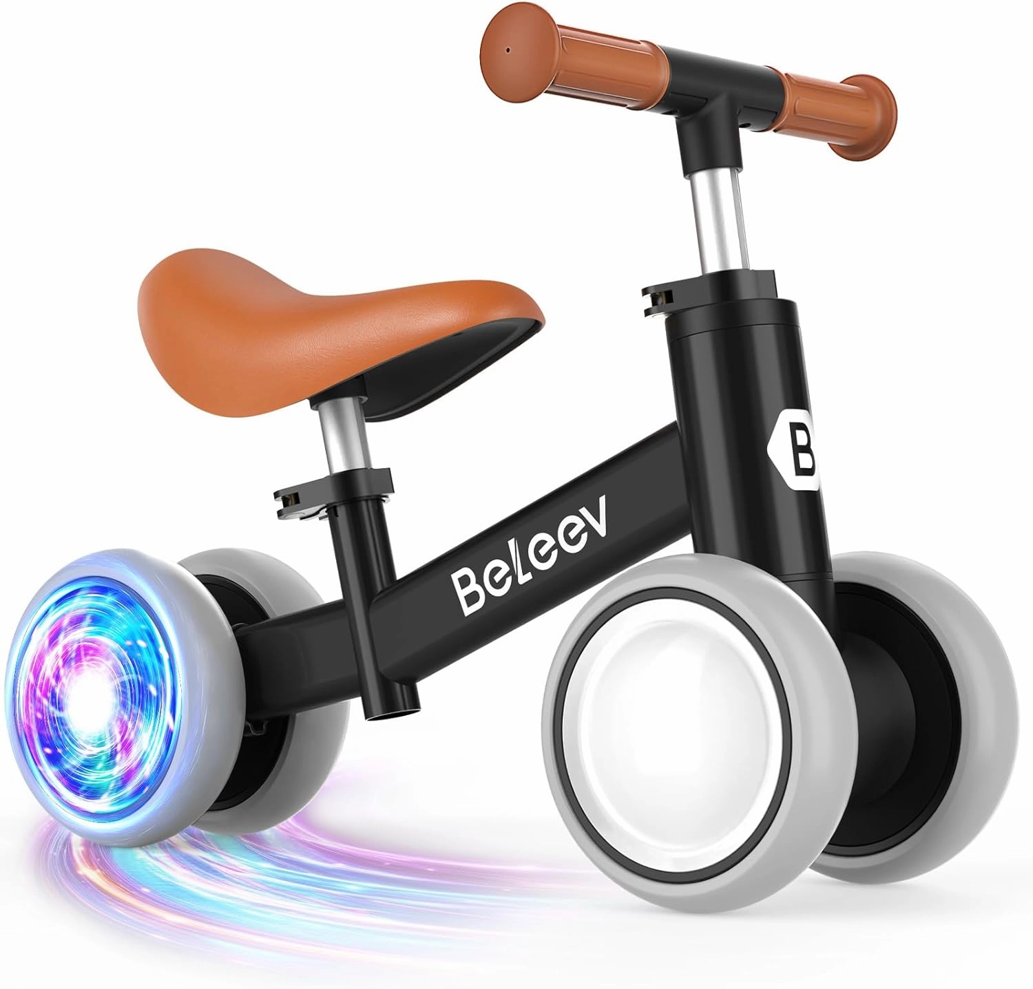 BELEEV Colorful Lighting Baby Balance Bike for 1-3 Year Old Boys Girls, Toddler Bike with Light-Up Wheels, Adjustable Seat & Handlebar, 135° Safe Limited Steer, First Gift for 10-36 Month(Black)