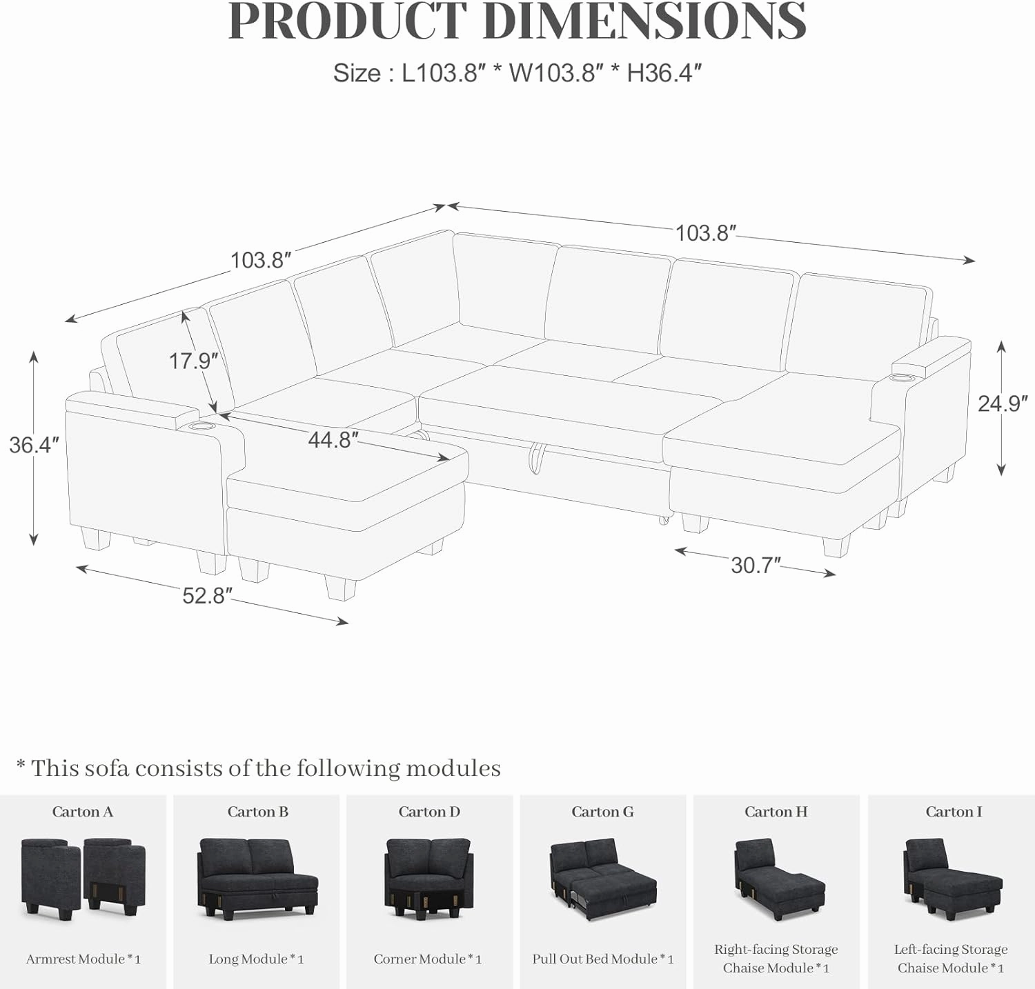 Belffin Modular Sectional Sofa with Pull Out Couch Bed Sectional Couch Convertible Sleeper Sofa with Cup Holder. Dark Grey