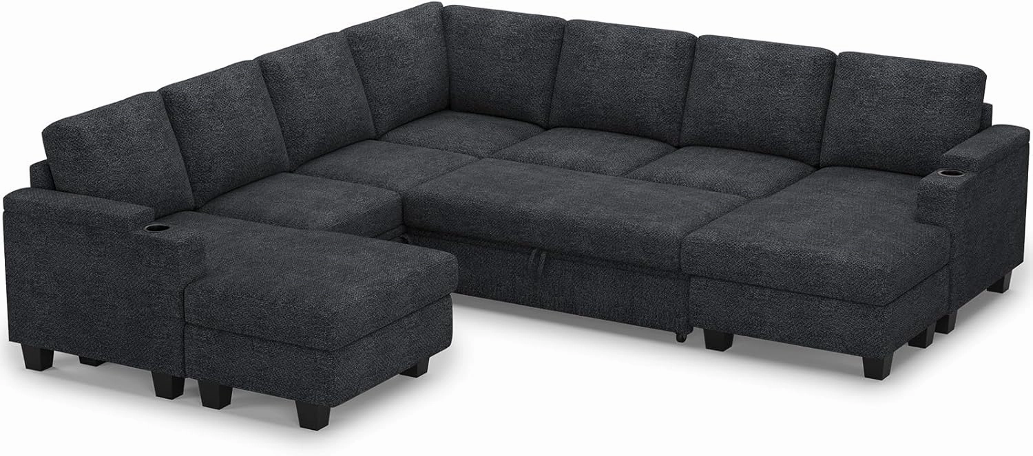 Belffin Modular Sectional Sofa with Pull Out Couch Bed Sectional Couch Convertible Sleeper Sofa with Cup Holder. Dark Grey
