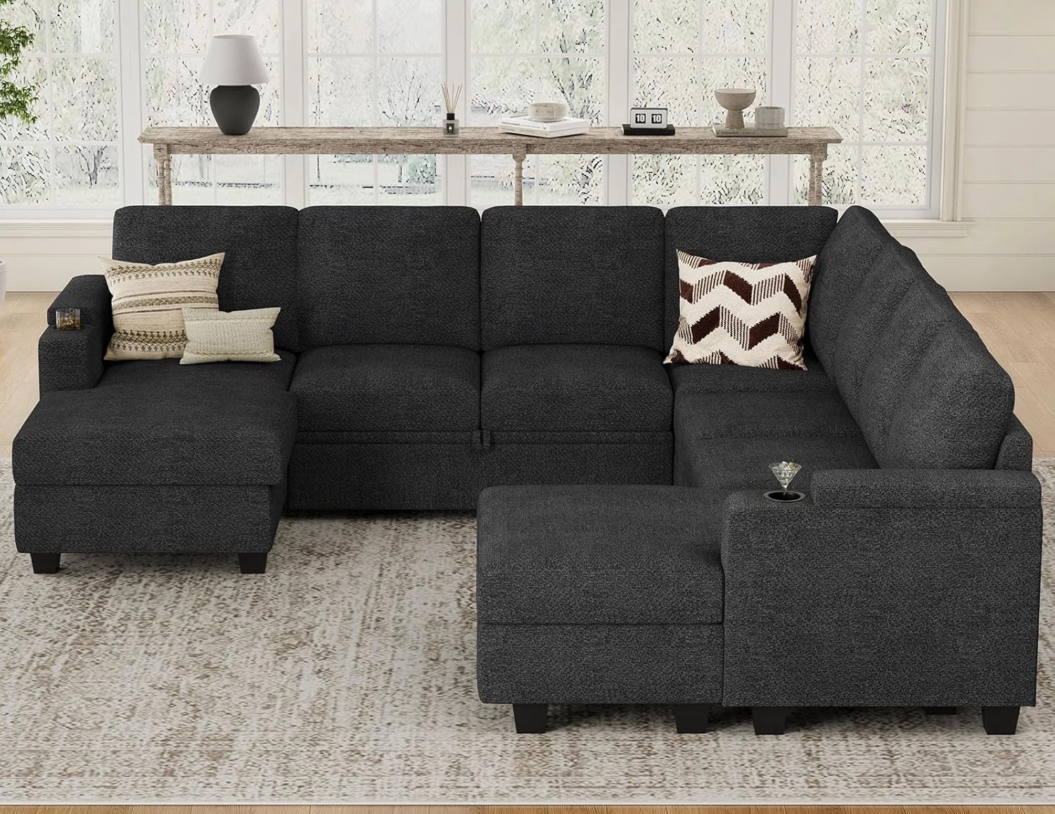 Belffin Modular Sectional Sofa with Pull Out Couch Bed Sectional Couch Convertible Sleeper Sofa with Cup Holder. Dark Grey