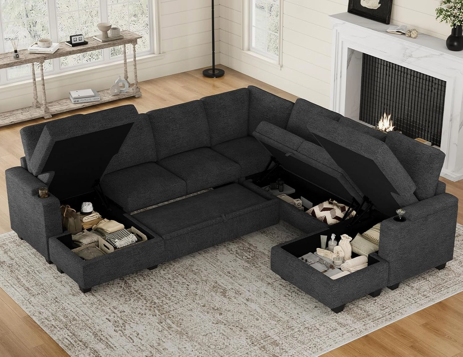 Belffin Modular Sectional Sofa with Pull Out Couch Bed Sectional Couch Convertible Sleeper Sofa with Cup Holder. Dark Grey