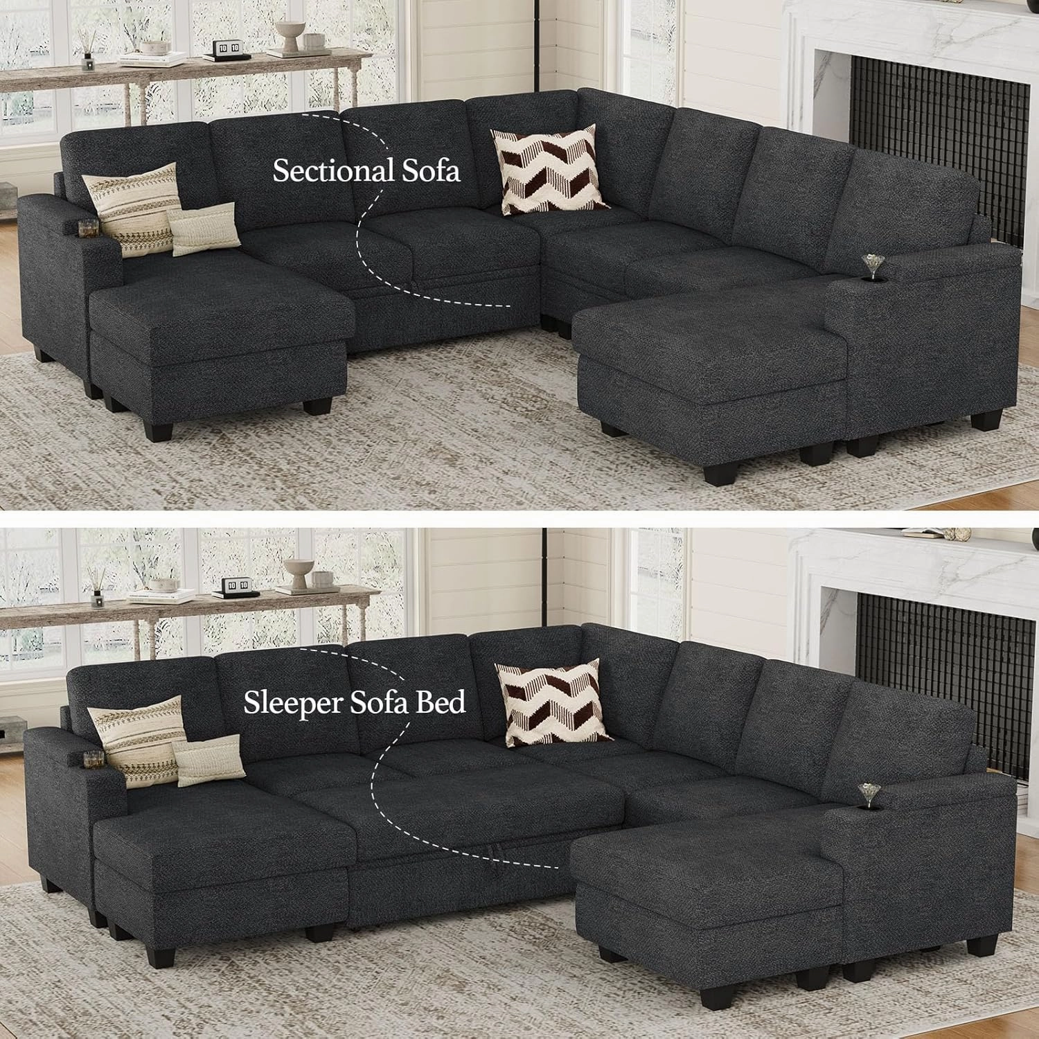 Belffin Modular Sectional Sofa with Pull Out Couch Bed Sectional Couch Convertible Sleeper Sofa with Cup Holder. Dark Grey