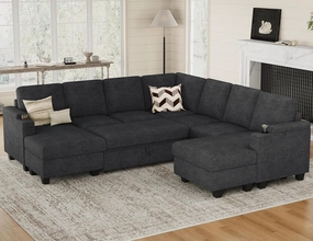 Belffin Modular Sectional Sofa with Pull Out Couch Bed Sectional Couch Convertible Sleeper Sofa with Cup Holder. Dark Grey