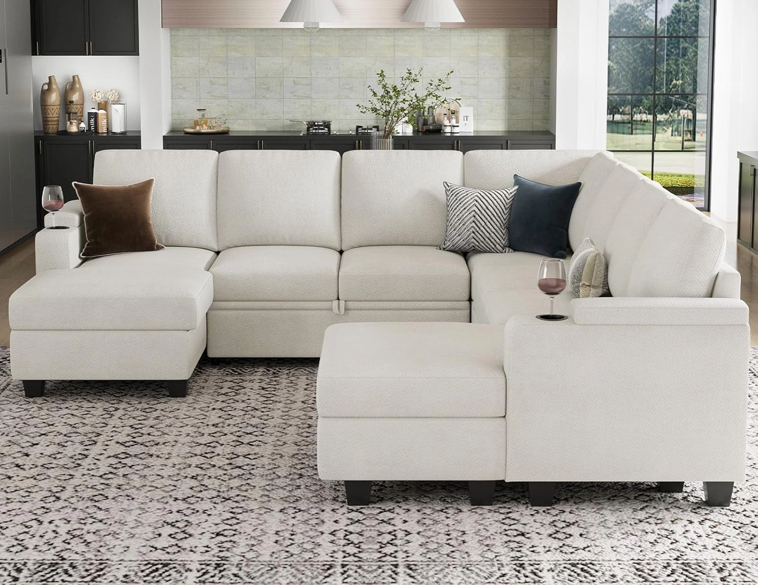 Belffin Modular Sectional Sofa with Pull Out Couch Bed Sectional Couch Convertible Sleeper Sofa with Cup Holder. White