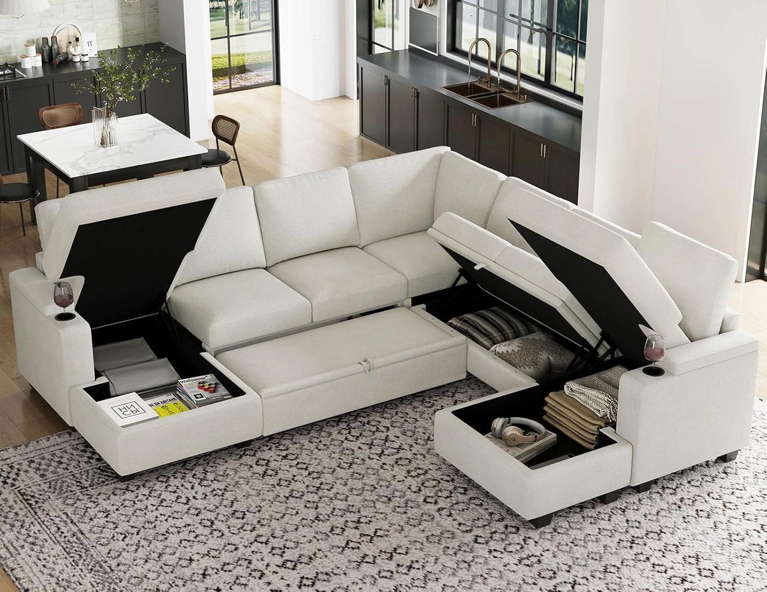 Belffin Modular Sectional Sofa with Pull Out Couch Bed Sectional Couch Convertible Sleeper Sofa with Cup Holder. White