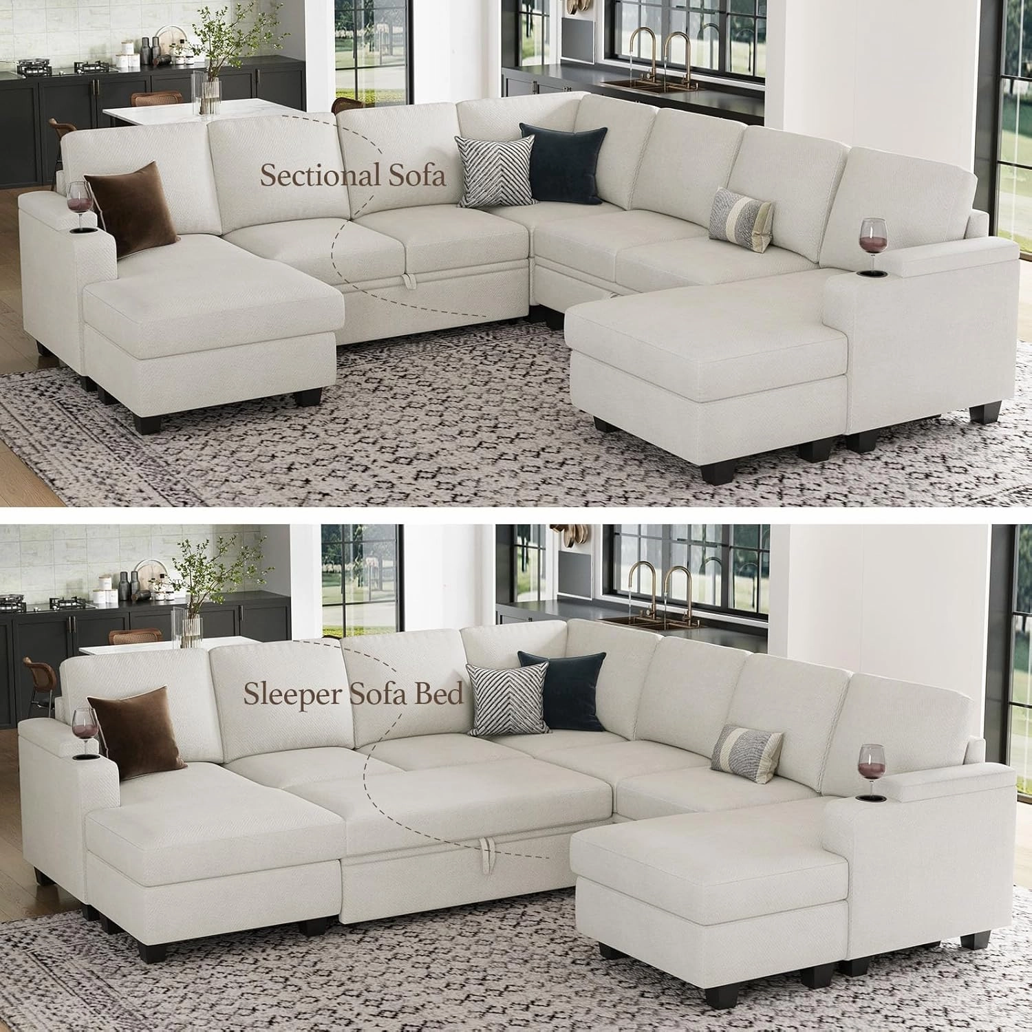 Belffin Modular Sectional Sofa with Pull Out Couch Bed Sectional Couch Convertible Sleeper Sofa with Cup Holder. White