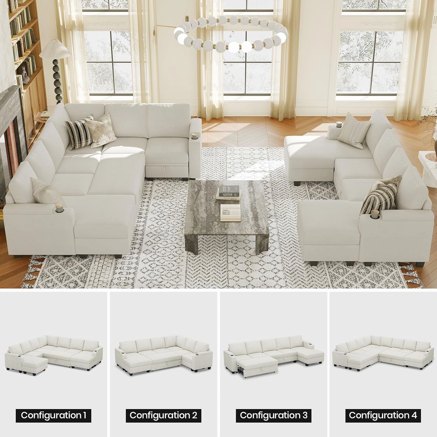 Belffin Modular Sectional Sofa with Pull Out Couch Bed Sectional Couch Convertible Sleeper Sofa with Cup Holder. White