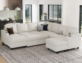 Belffin Modular Sectional Sofa with Pull Out Couch Bed Sectional Couch Convertible Sleeper Sofa with Cup Holder. White