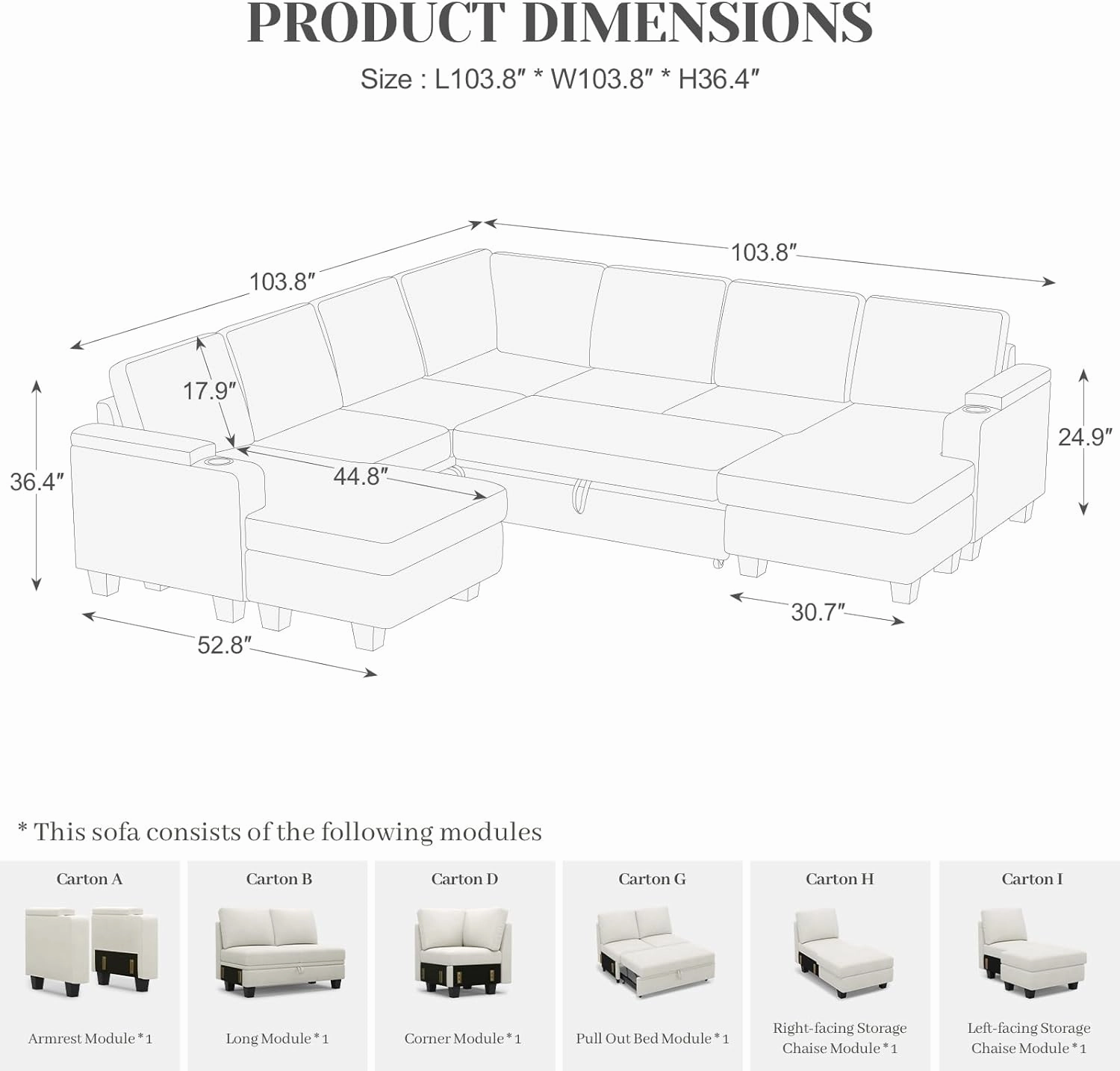 Belffin Modular Sectional Sofa with Pull Out Couch Bed Sectional Couch Convertible Sleeper Sofa with Cup Holder. White