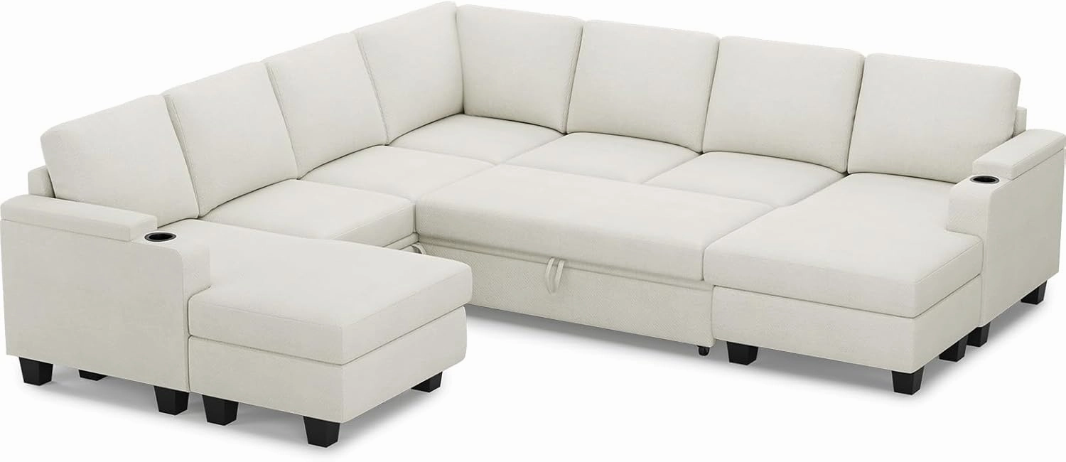 Belffin Modular Sectional Sofa with Pull Out Couch Bed Sectional Couch Convertible Sleeper Sofa with Cup Holder. White