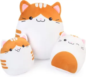 BenBen Cat Plush Toy, Set of 3, 12'' and 7'' Squishy Kitty Stuffed Animal Toy Hugging Pillow, Soft Cushion Plushies Gift for Kids, Easter Basket Stuffers